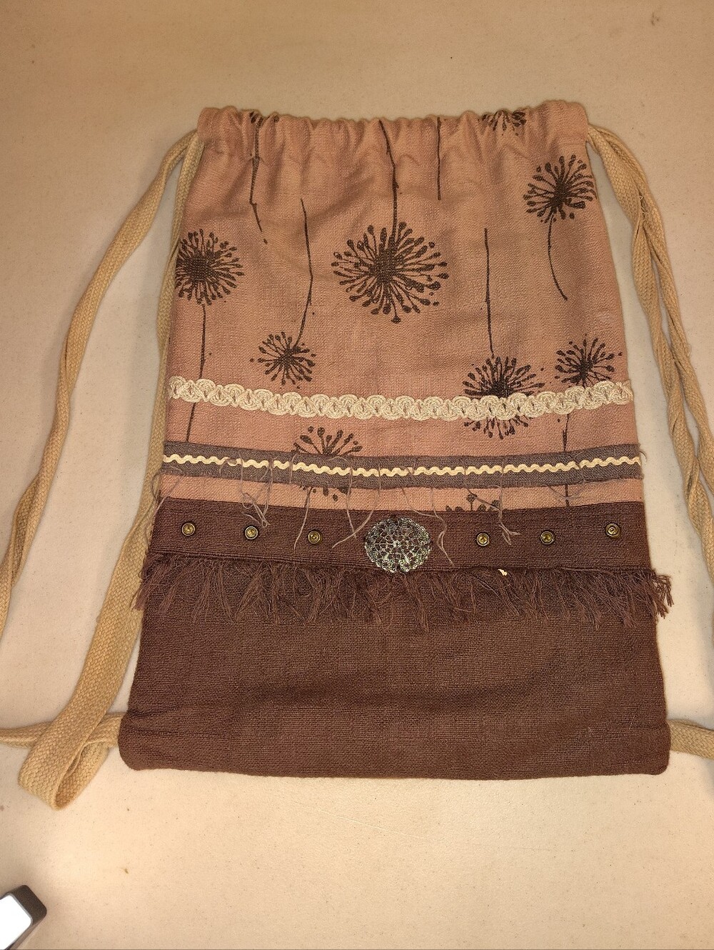 VO-HO Boho Dandelion Drawstring Backpack – Mauve & Chocolate Cotton Linen Cinch - Picture 2 of 14